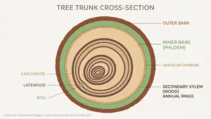 Diagram of bark, phloem, cambium, xylem rings, and pith layer