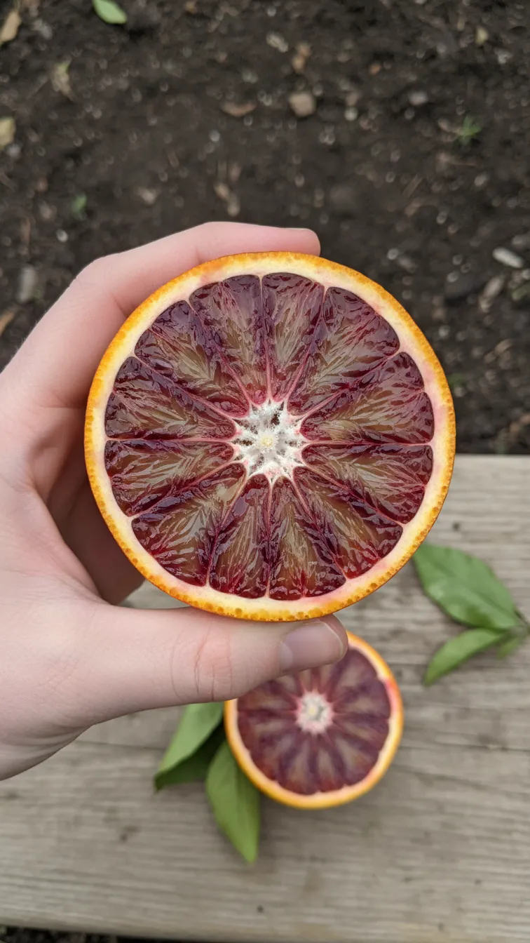 Halved blood orange with crimson flesh held centred in a hand above a garden step