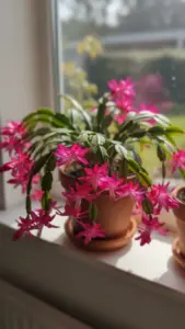 Thanksgiving cactus in full bloom on a windowsill in a terracotta pot