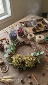 Wooden workbench with Thanksgiving craft projects, dried flower wreath, pinecones, and jars of dried botanicals