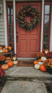 Farmhouse front porch decorated for Thanksgiving with wreath, pumpkins, mums, and lanterns