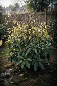 Declining avocado tree with thin yellowing canopy in a home garden