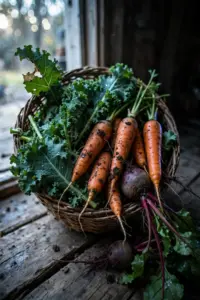Woven basket overflowing with freshly picked fall vegetables, soil still on the roots