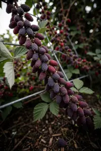 Tayberry canes trained on a wire trellis heavy with ripe dark purple berries