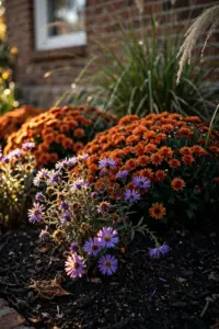 Fall flower bed in front of a brick house: mums, asters, grasses