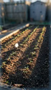 Fall vegetable garden bed with young seedling rows under a pale October sky
