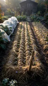 Frost-touched October vegetable garden: mulched beds, row covers, staked garlic bed