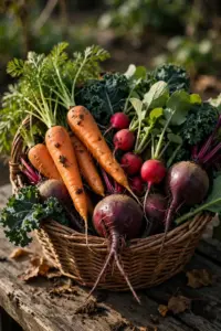 Woven basket of October vegetables: carrots, kale, radishes, and beets with soil still on