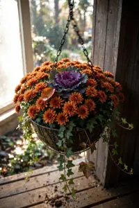 Finished fall hanging basket on a porch: mums, kale, ivy trailing