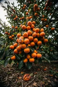 Persimmon tree laden with ripe orange fruit in a backyard