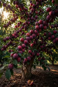 Plumcot tree branches heavy with ripe red-purple fruit in a sunny backyard orchard