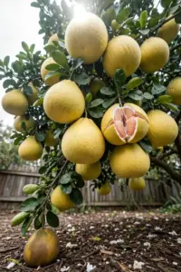 Whole pomelo tree laden with large ripe fruit under bright overcast daylight