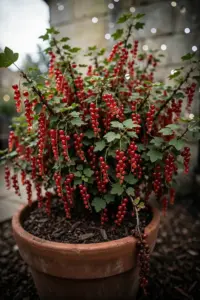 Potted red currant bush laden with long red berry strigs on a patio