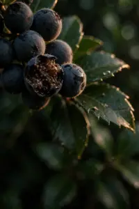 Mature salal thicket laden with ripe black berries in dappled woodland shade