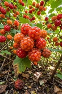 Mature salmonberry thicket laden with ripe red and orange berries in bright daylight