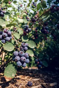Saskatoon shrub laden with ripe deep-purple berries in a sunny garden