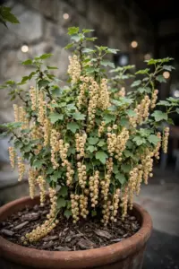 Potted white currant bush laden with translucent berry strigs on a patio