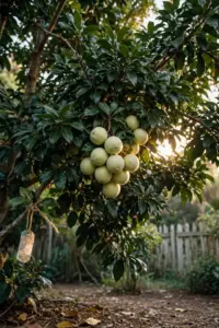 White sapote tree heavy with green fruit in a sunny home garden