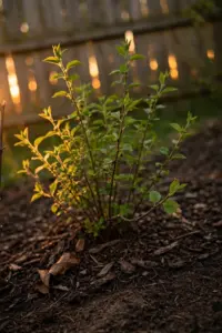 Young shrub newly planted in a fresh ring of bark mulch in fall