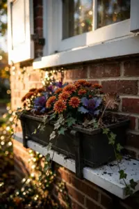 Fall window box on a brick house: mums, kale, and ivy trailing