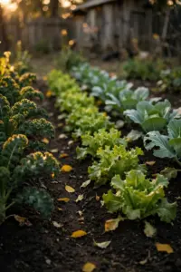 Zone 6 fall vegetable garden in October with rows of greens and brassicas