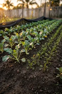 Zone 9 fall vegetable garden in September with new transplants and seedling rows